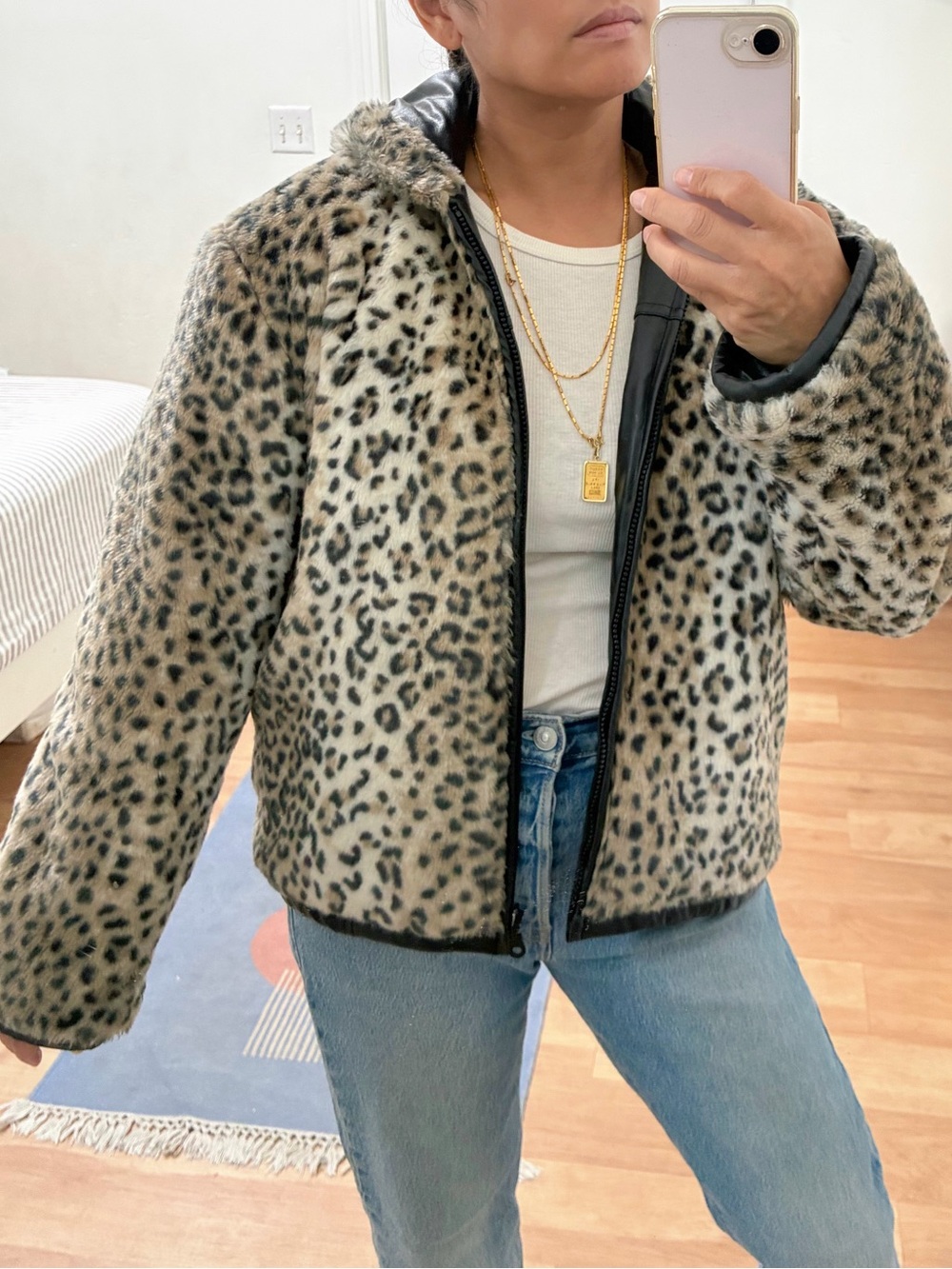 Vintage Leopard Plush Fur Hoodie Coat sz S / M